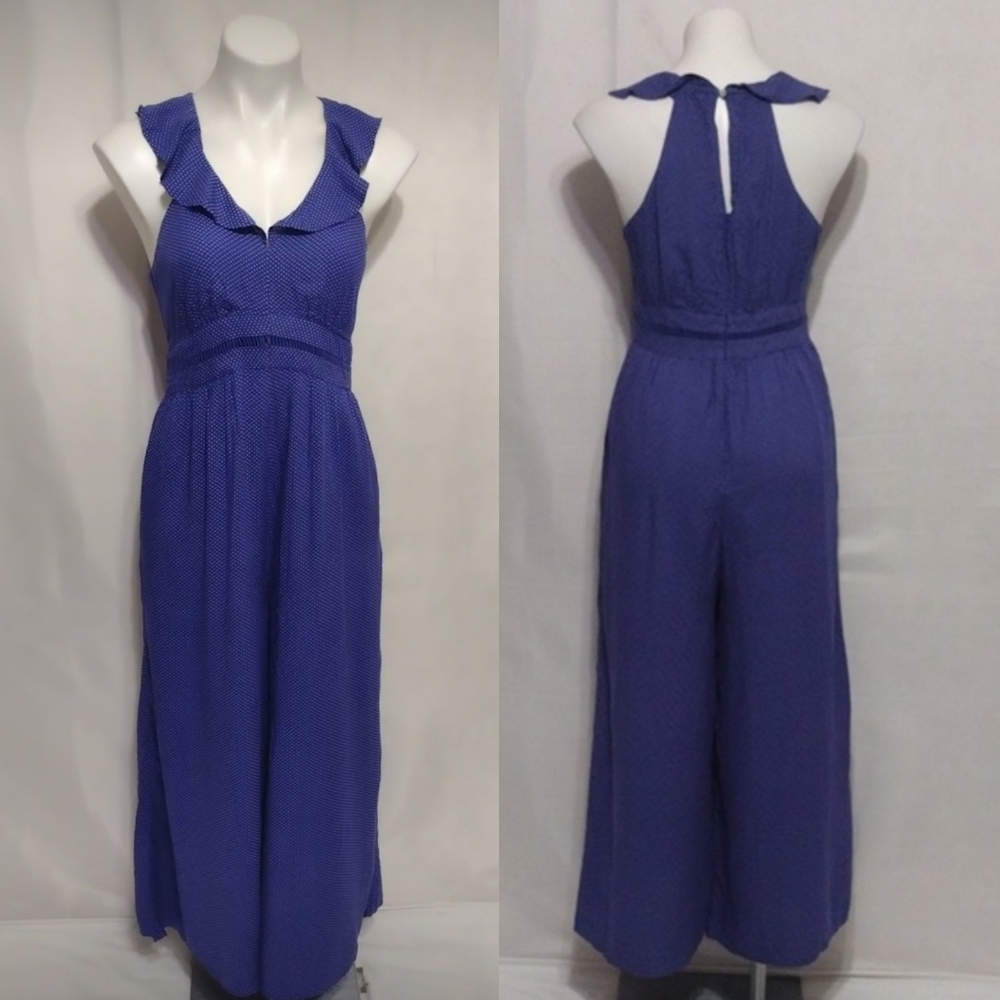 Maeve Anthropologie Polka Dot Ruffle Trim Wide Leg Jumpsuit Size 6 Boho Chic